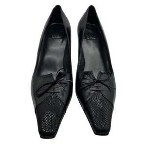 Stuart Weitzman Black Leather Lizard Embossed Bow Kitten Heel Pumps 8.5 B Spain